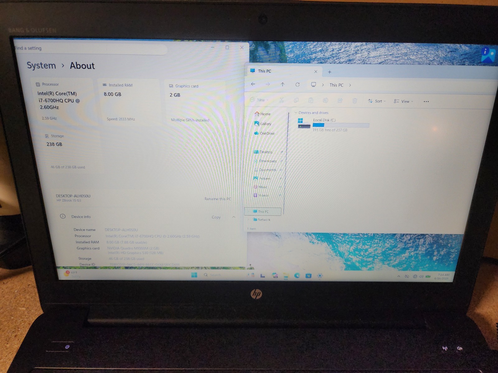 HP ZBook 15 G3 i7-6700HQ 2.6GHz 8GB RAM 256GB SSD W11 Pro M1000M GPU Bad KB