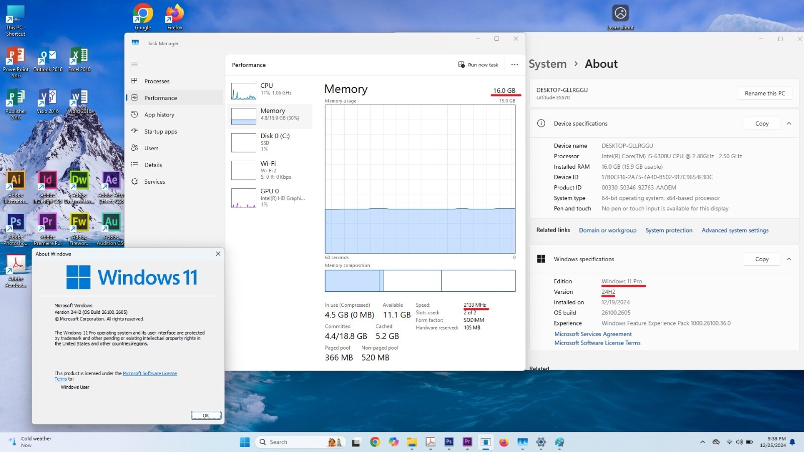 DELL Latitude E5570 15.6” i5 16GB 512GB W11 Adobe CS 6.0 Office VISIO 2016 Dock