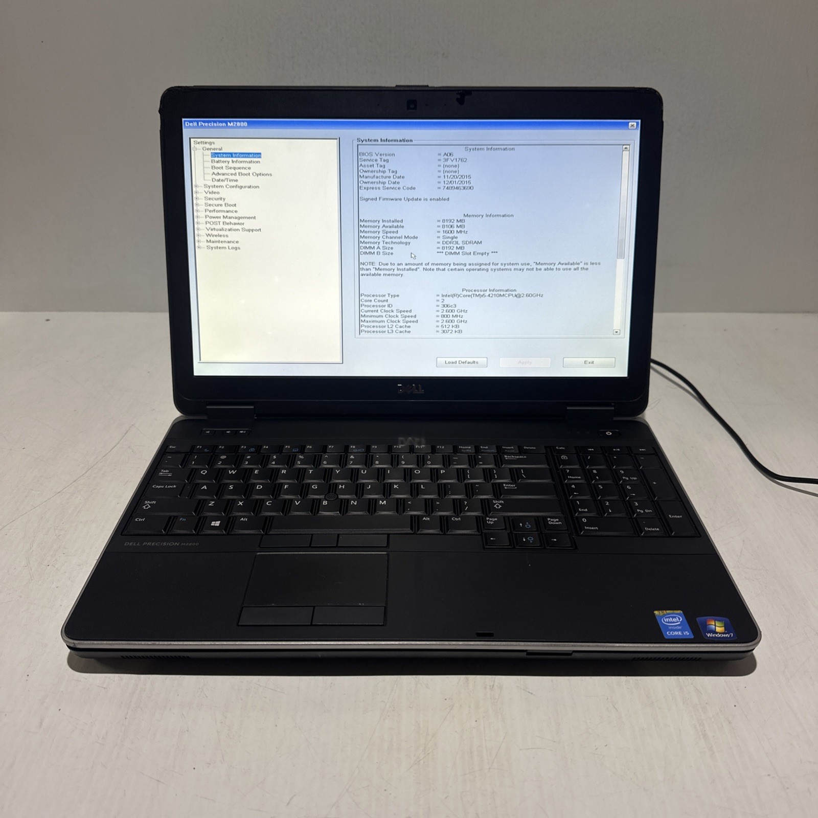 Dell Precision M2800 15″ Laptop i5-4210M 8gb Ram No Drives No Battery Boots Bios