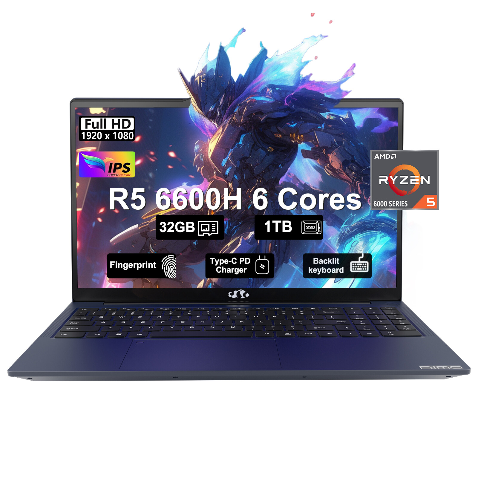 15.6 Gaming Laptop AMD Ryzen 5 6600H, 32GB RAM 1TB SSD Backlit KB Windows11 100W