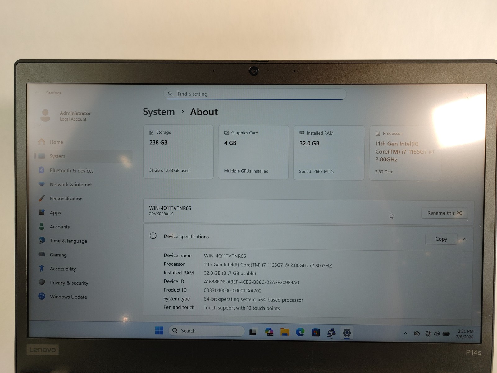 Lenovo ThinkPad P14s Gen 2 Core i7-1165G7 2.80 GHz 32 GB DDR4 256 GB NVMe