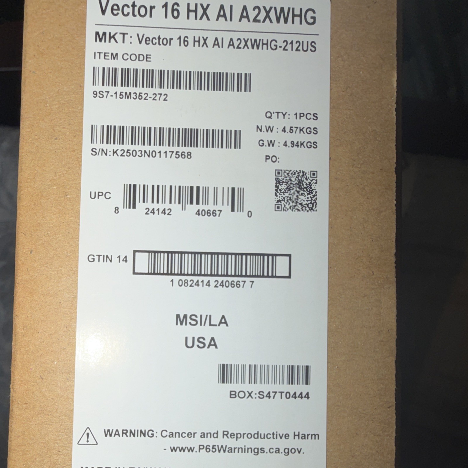 MSI Vector 16 HX AI A2XWHG 16in Ultra 7 RTX 5070 32GB 512GB SSD W11H