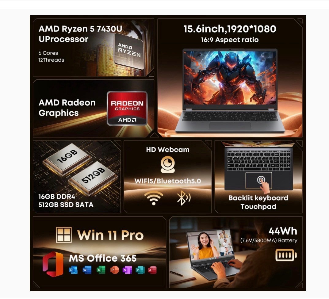 15.6″ Laptop Computer 2-in-1 AMD Ryzen 7430U, Win 11 Pro, MS Office 365, 16GB RM
