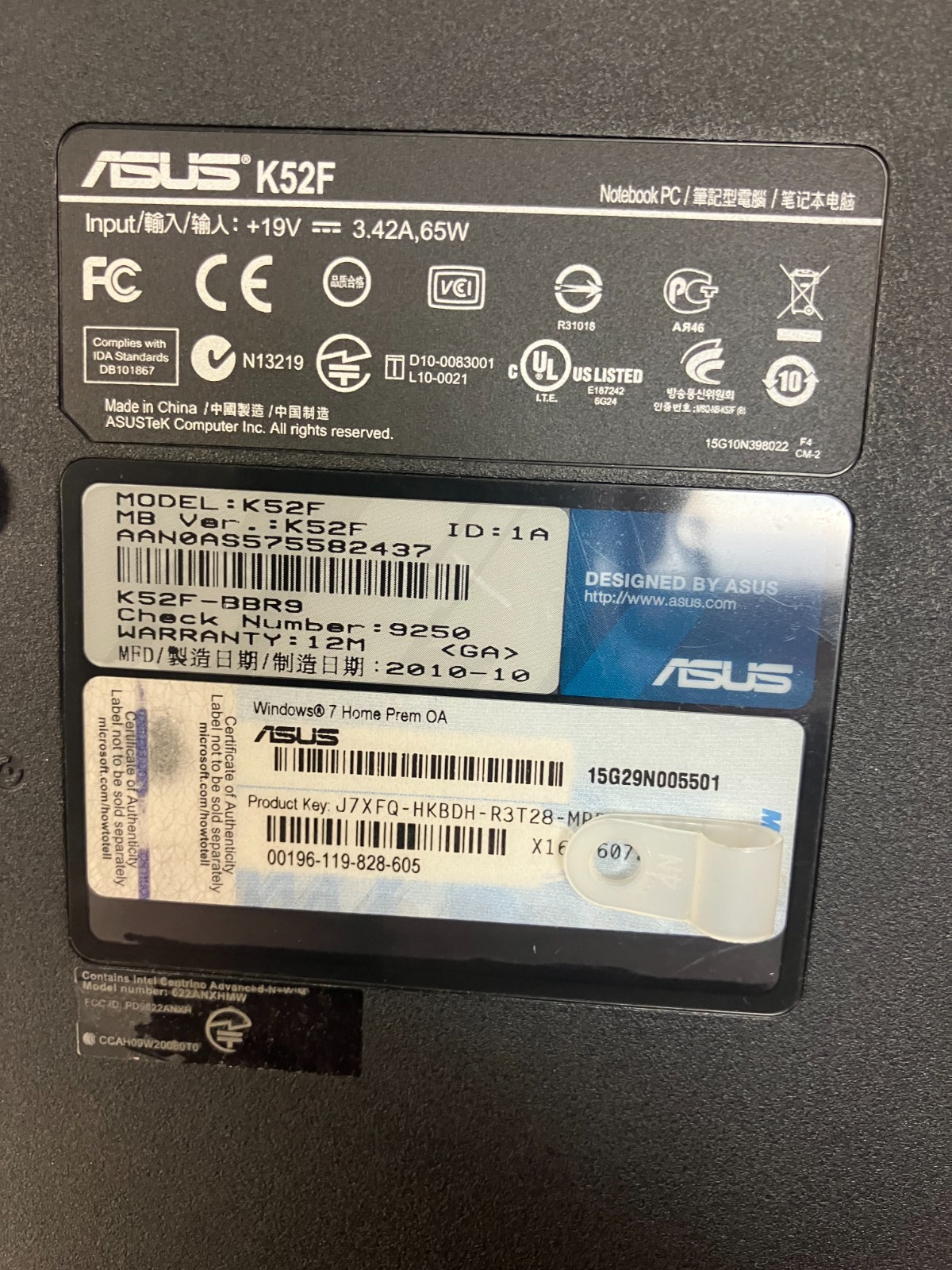 Asus K52F Intel Core i3-M370 2.40GHz No RAM 15.6″ No Battery No HDD FOR PARTS