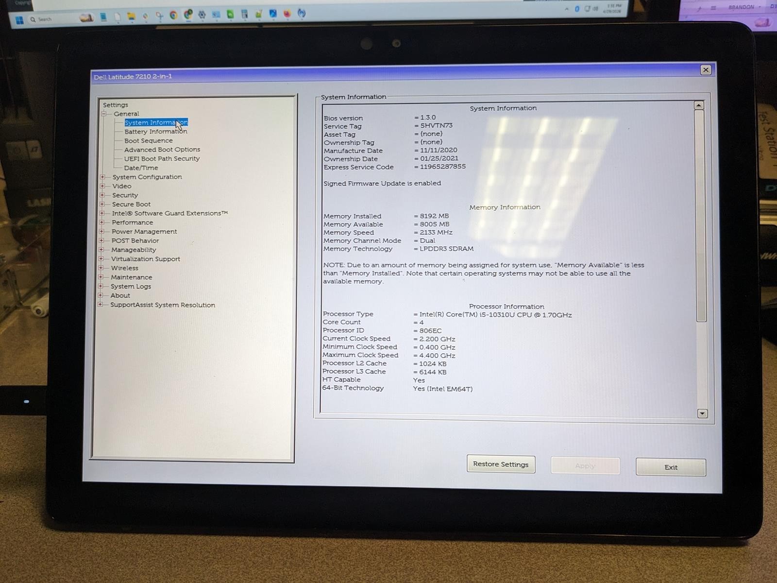 DELL LATITUDE 7210 2-IN-1 i5-10310U @ 1.70GHz, 8GB RAM, NO HDD/OS