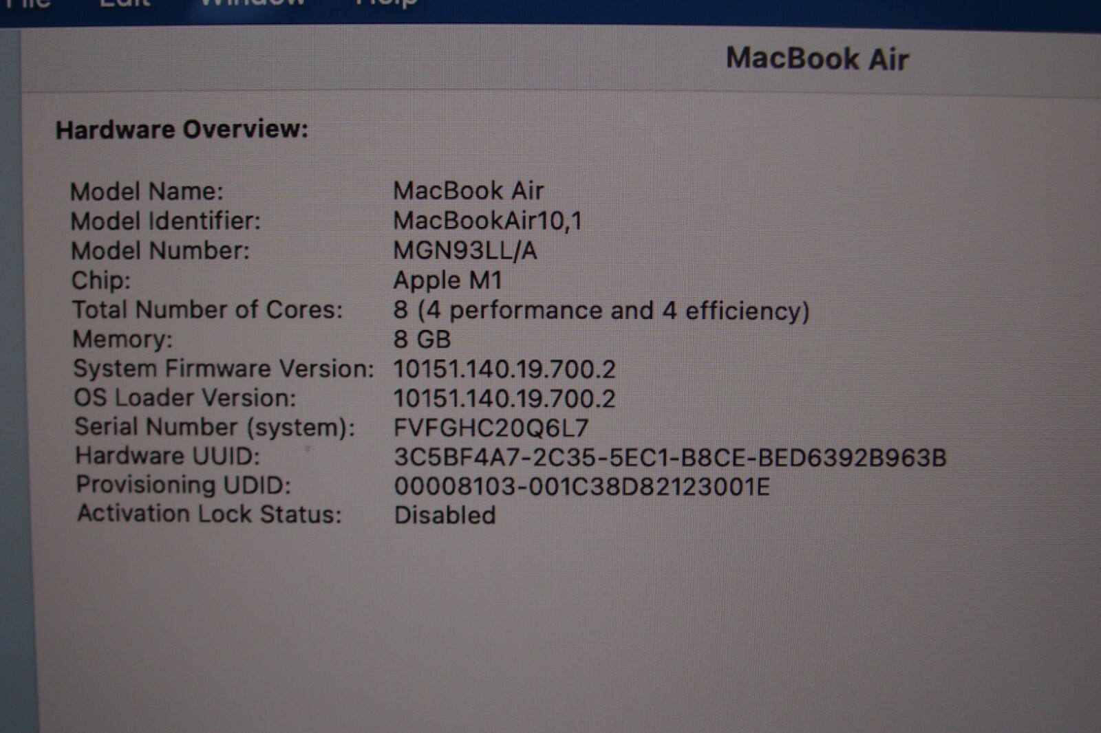 Apple MacBook Air A2337 13.3″ M1 (2020) 8CPU/7GPU 8GB 256GB OS Sonoma +Charger