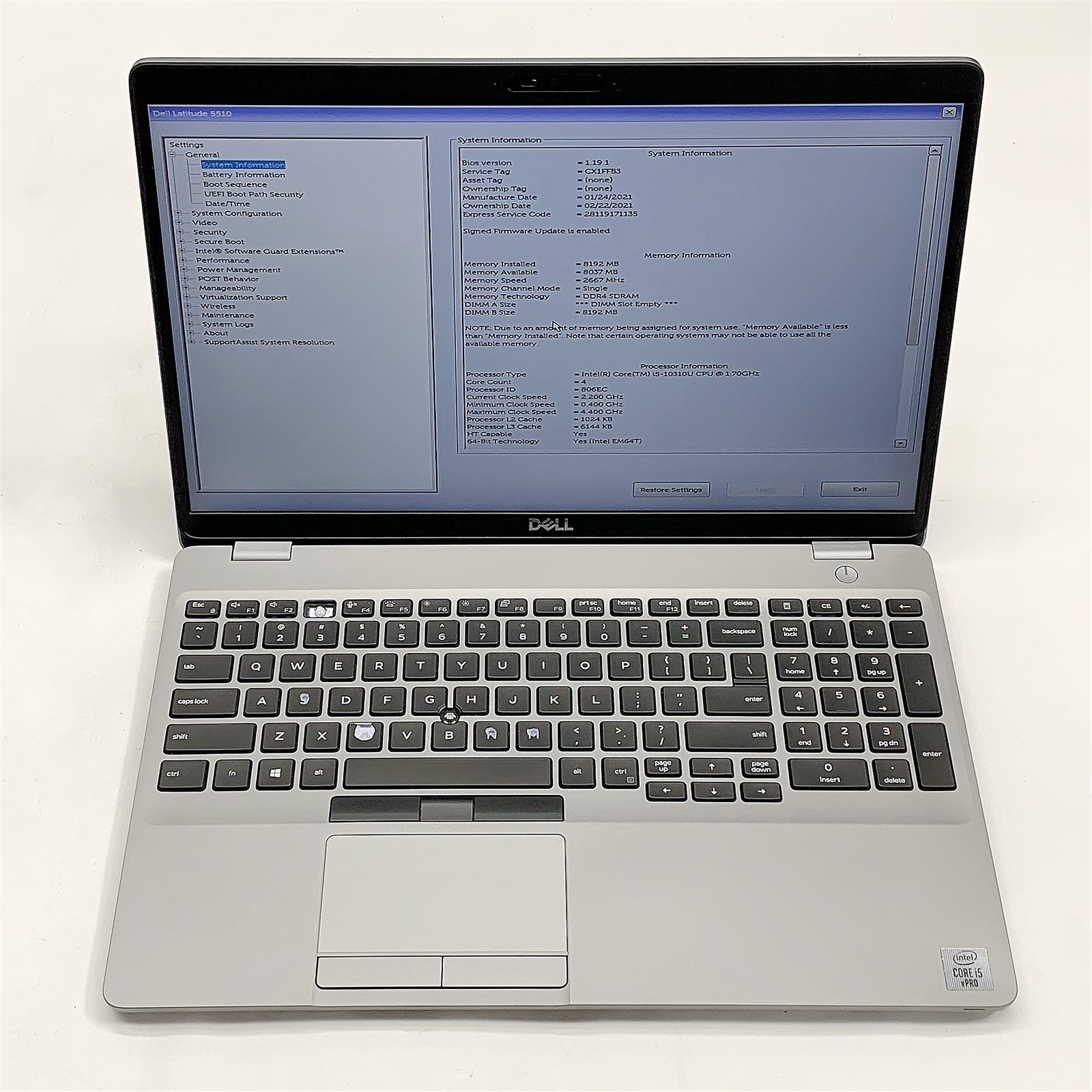 Dell Latitude 5510 Laptop Intel Core i5 10310U 1.70GHZ 15.6″ FHD 8GB RAM NO HDD
