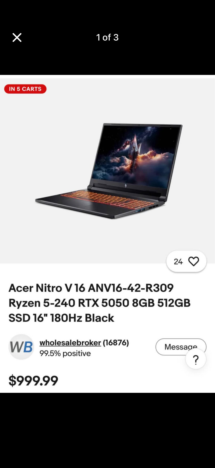 Acer Nitro V 16″ WUXGA Gaming Laptop NVIDIA RTX5050 16GB 512GB SSD ANV16-72-541D