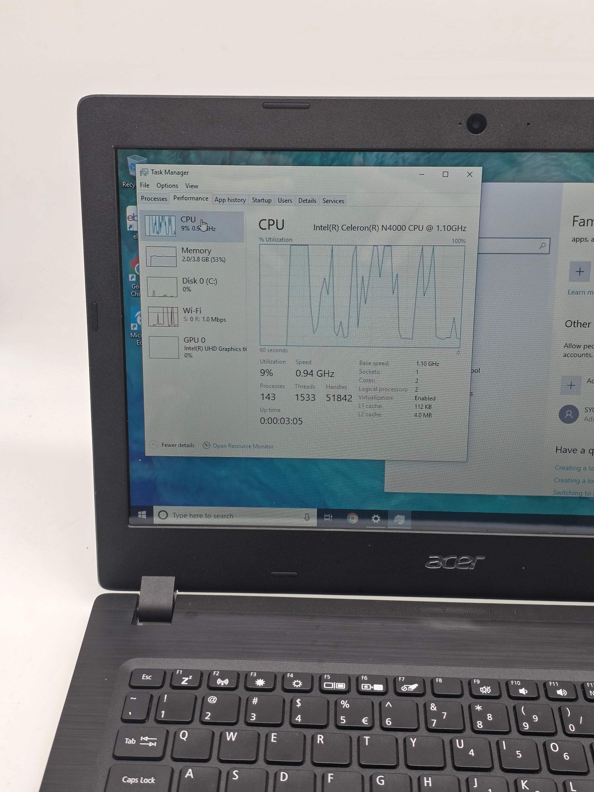 Acer Aspire 1 14″ Celeron N4000 4GB 64GB SSD Laptop Parts Only (Bad Battery)