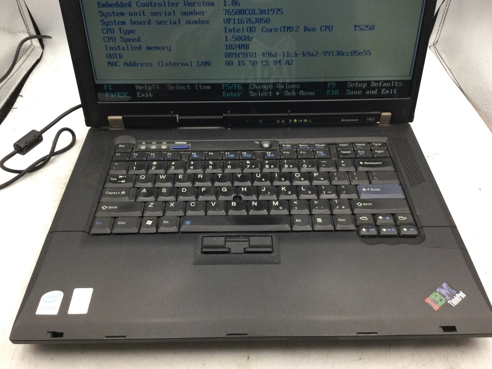 IBM THINKPAD R61I – BOOTS TO BIOS – INTEL CORE 2 DUO – 1GB RAM – READ DESC – BB