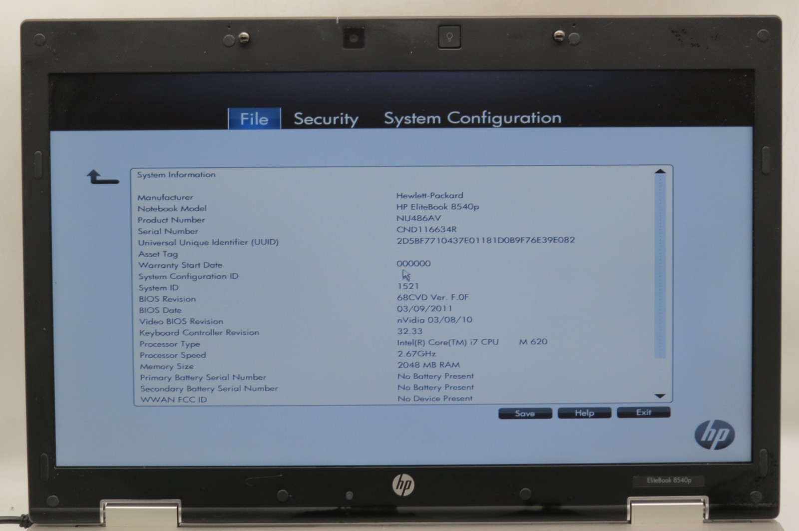 HP EliteBook 8540p _ i7-870 @ 2.6 _ 4GB DDR3 _ No SSD / OS _ w/ AC *PARTS