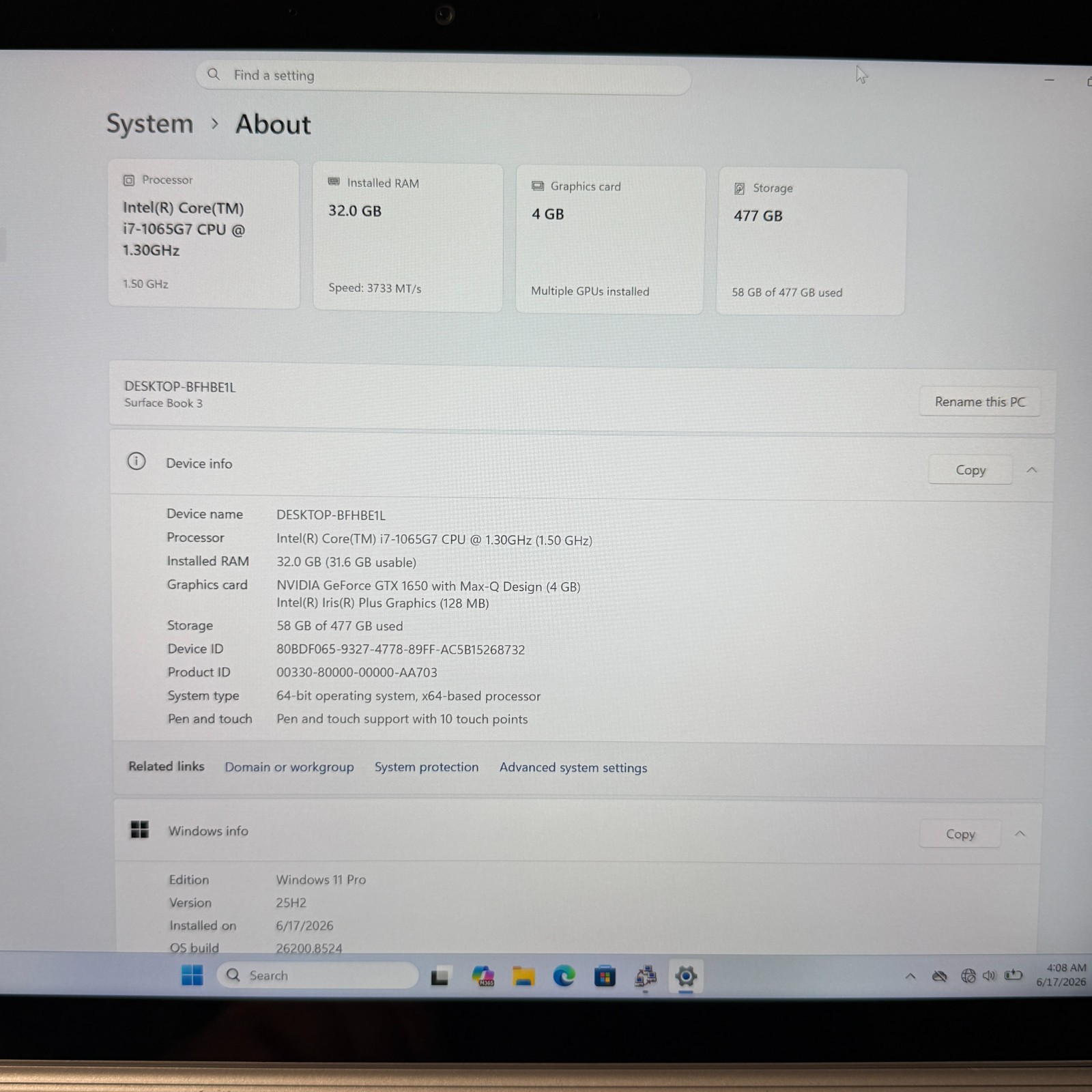 Microsoft Surface Book 3 1899 i7-1065G7 1.3GHz 32GB RAM 512GB SSD GTX 1650 Max-Q