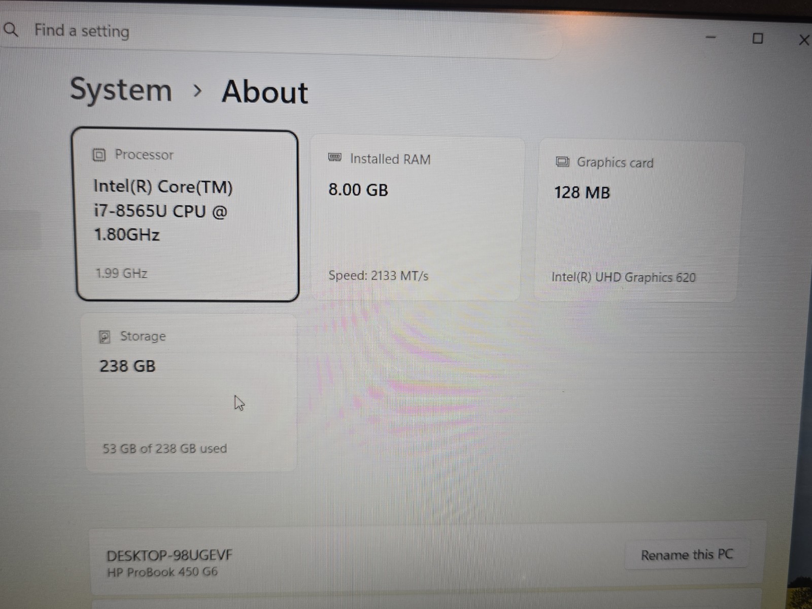 HP ProBook 450 G6 i7-8565U @ 1.8 GHz 8GB RAM 480GB & 256GB MVME W11PRO