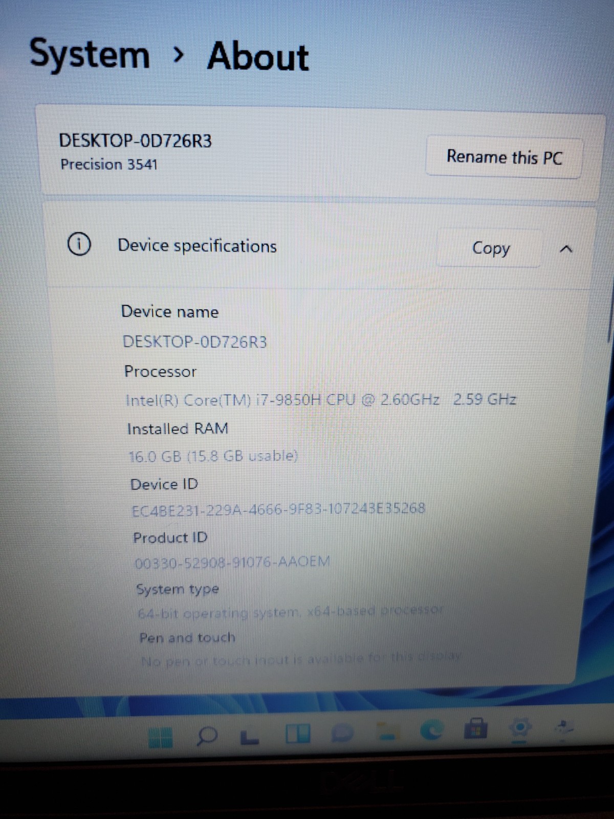 Dell Precision 3541 15.6 i7-9850H 2.60GHz 16GB 256GB SSD Quadro P620 Win11 #69