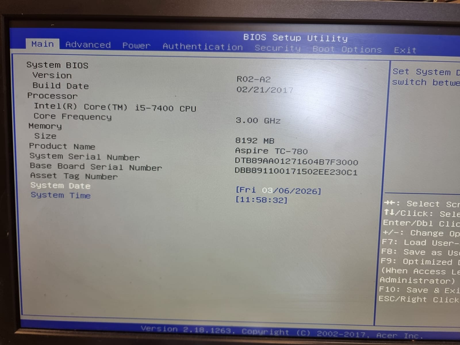 Acer Aspire TC-780-EB11 Intel Core i5-7400, 3.5 GHz, 8GB RAM, 256SSD, Win 10