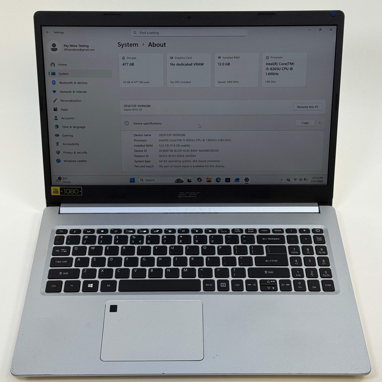 Acer Aspire 5 A515-54 15.6″ i5-8265U 1.6GHz 12GB RAM 500GB SSD