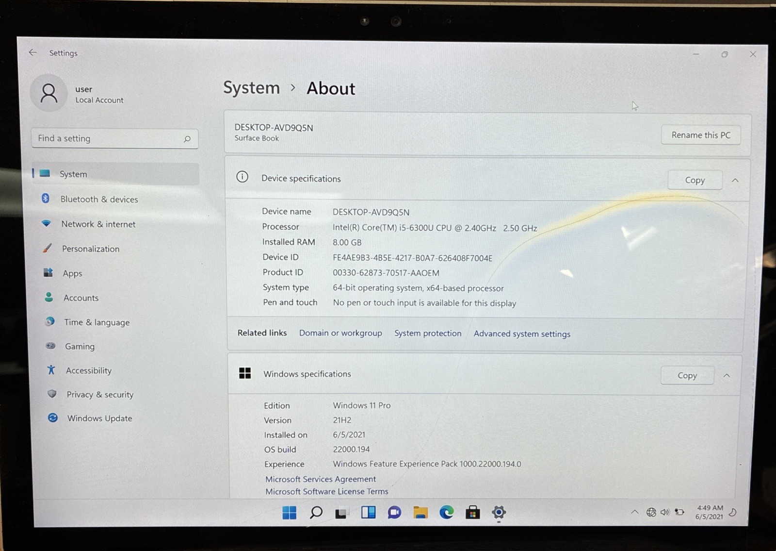 Microsoft surface book 1703 i5 6th Gen 8GB Ram 256GB SSD Win 11 READ – For Parts