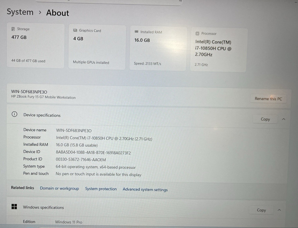 HP ZBook Fury 15 G7 i7-10850H – 16GB RAM – 512GB NVMe – 4GB T2000 – W11P- w A/C
