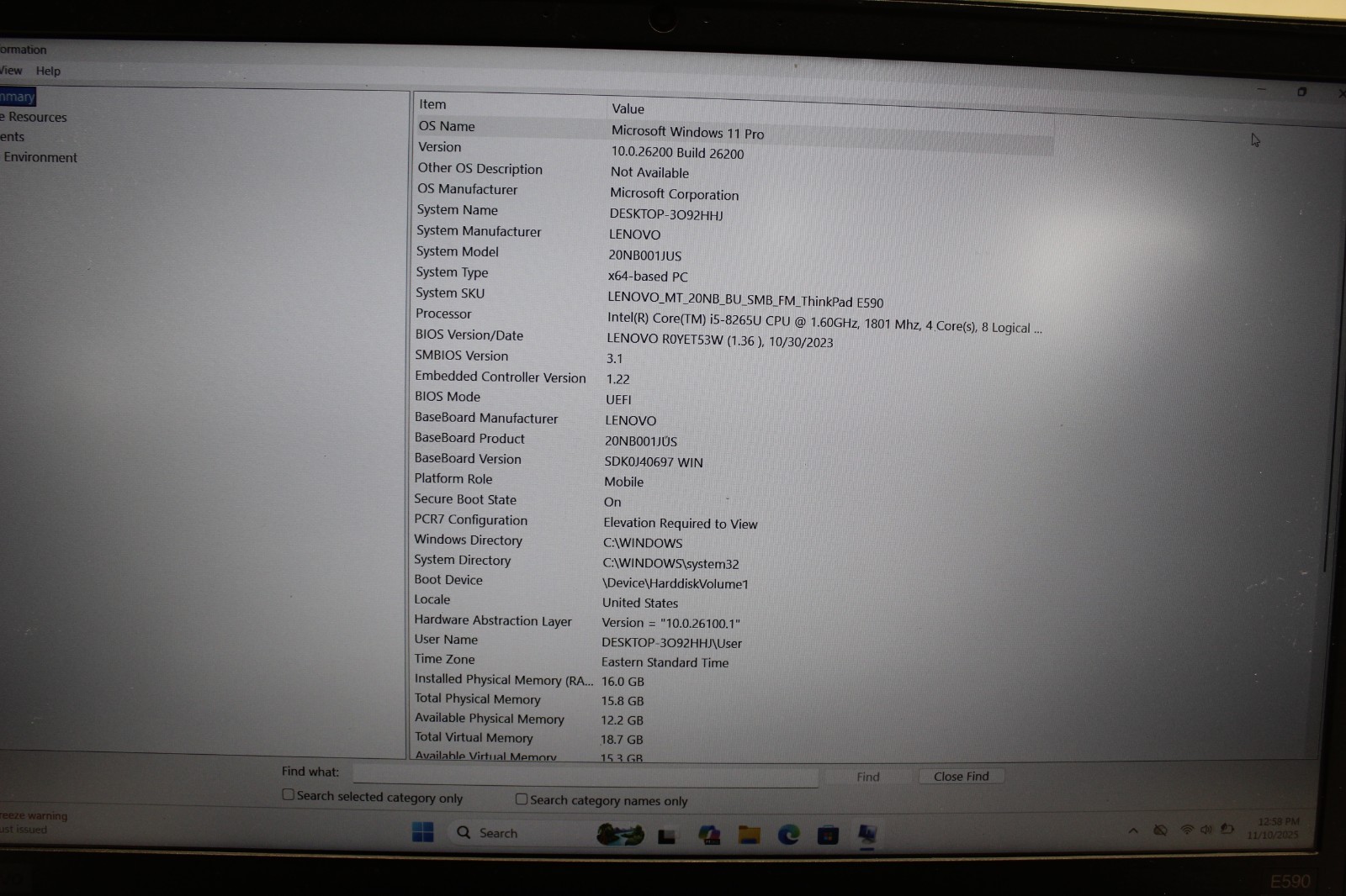 Lenovo Thinkpad E590 I7-8265U 256GB NvME SSD 16GB DDR4 Win11Pro