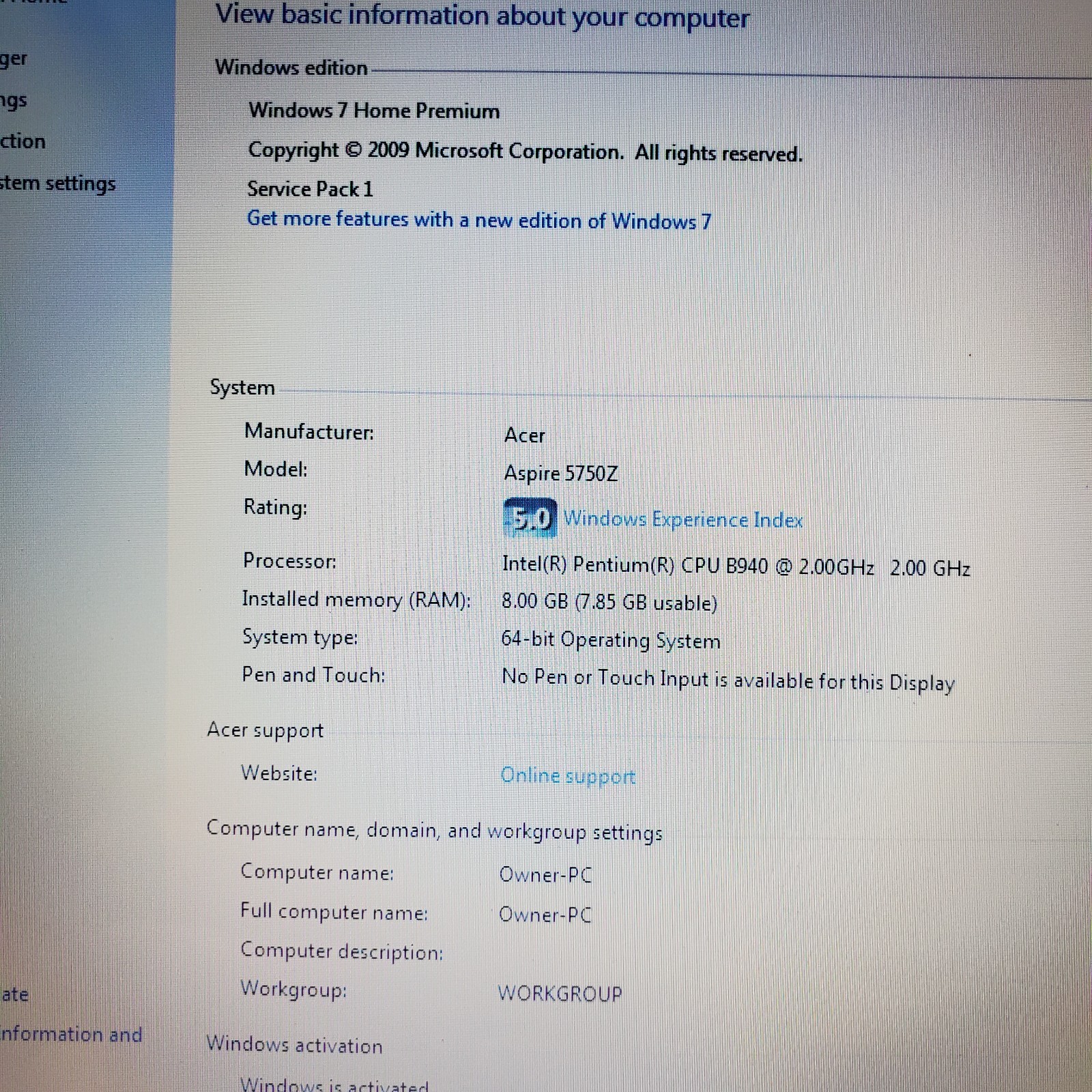 Acer Aspire 5750Z-4835 /Pentium B940 2.0GHz/8G Ram/250G SSD/Win7H