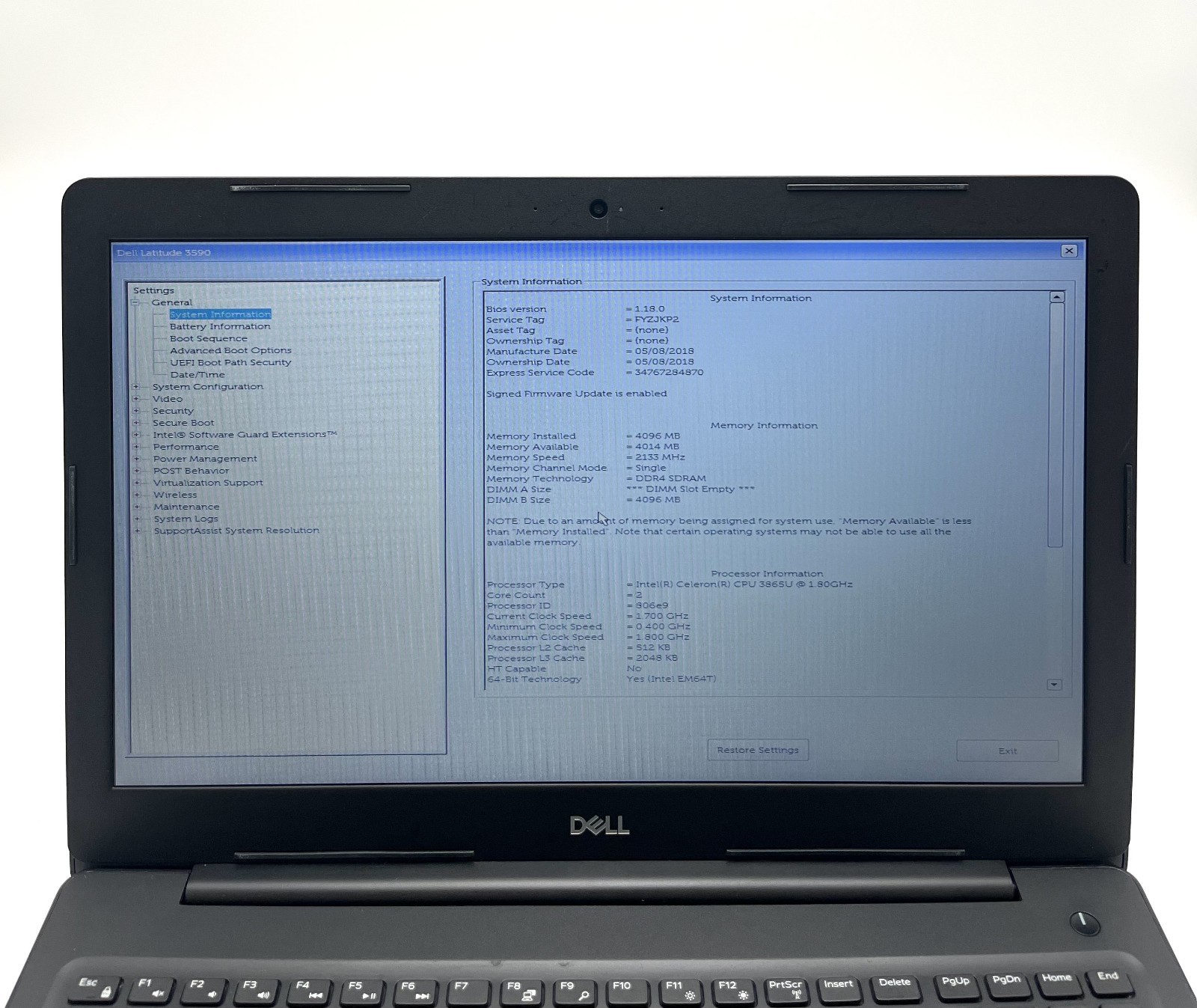 Dell Latitude 3590 Celeron 3865U 4GB RAM 256GB SSD 15.6″ Business Laptop