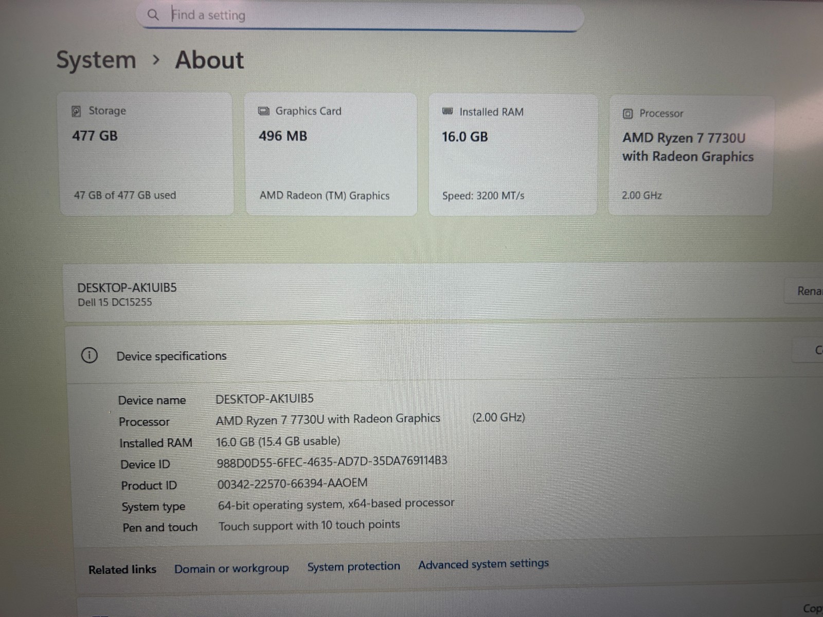 DELL 15 DC15255 G8MK9, AMD Ryzen 7 7730U, 2.00 GHz, 16 GB RAM, 512 GB NVMe SSD