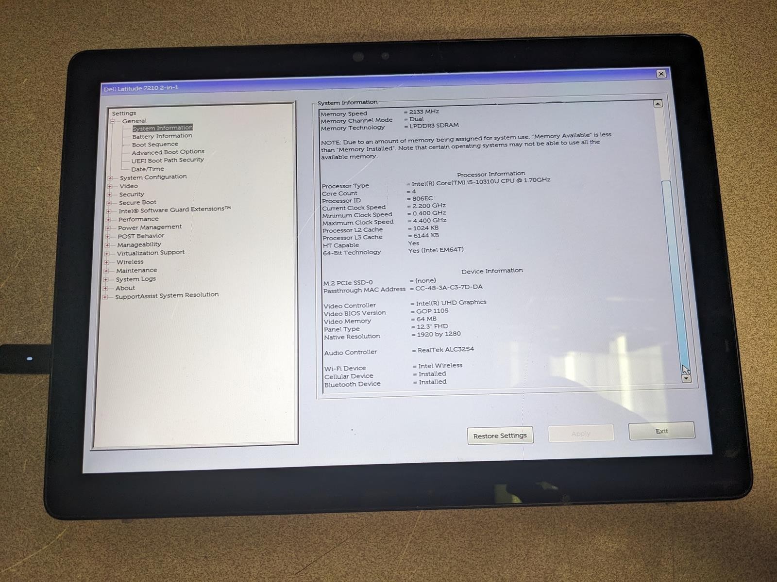 DELL LATITUDE 7210 2-IN-1 i5-10310U @ 1.70GHz, 8GB RAM, NO HDD/OS – (FOR PARTS)