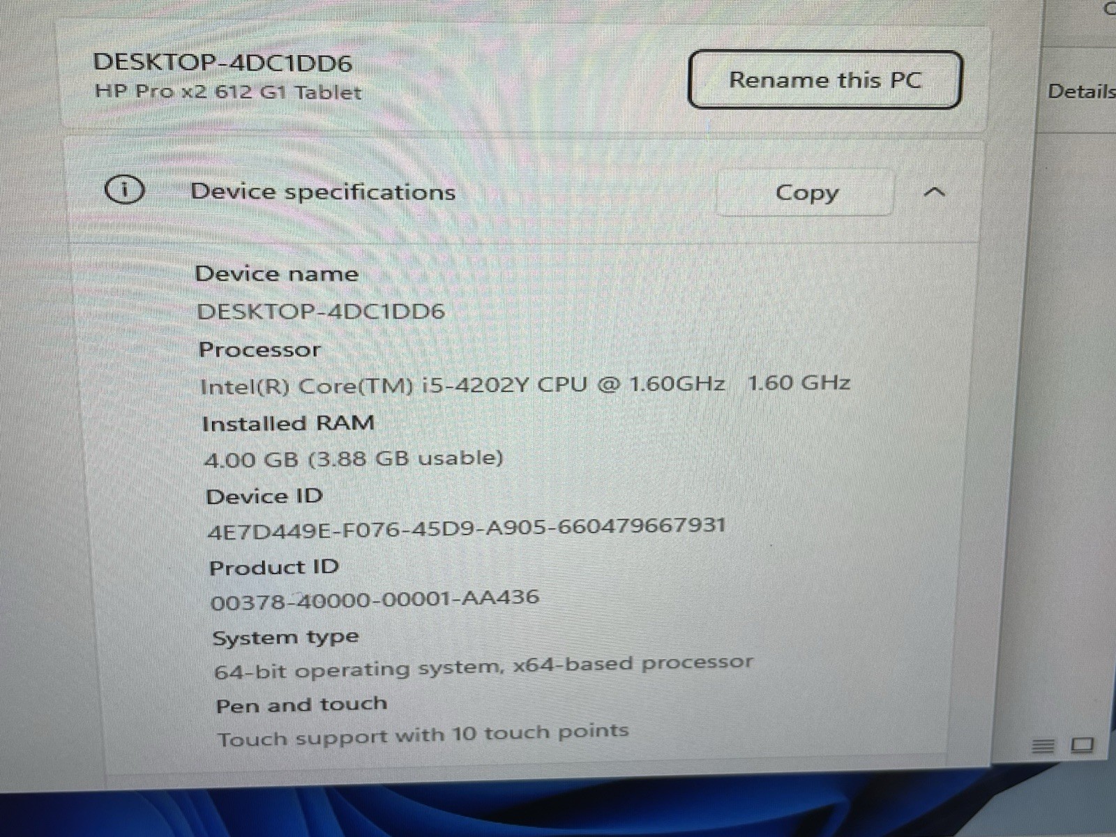 HP Pro x2 612 G1 Tablet Laptop 12.5″ i5-4202Y 4th gen 4GB 128G SSD Touch Win11