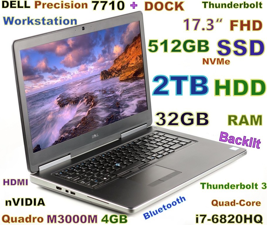 Workstation DELL 7710 i7-QUAD (512GB NVMe + 2TB) 32GB 17.3 ” FHD Quadro 4GB Dock