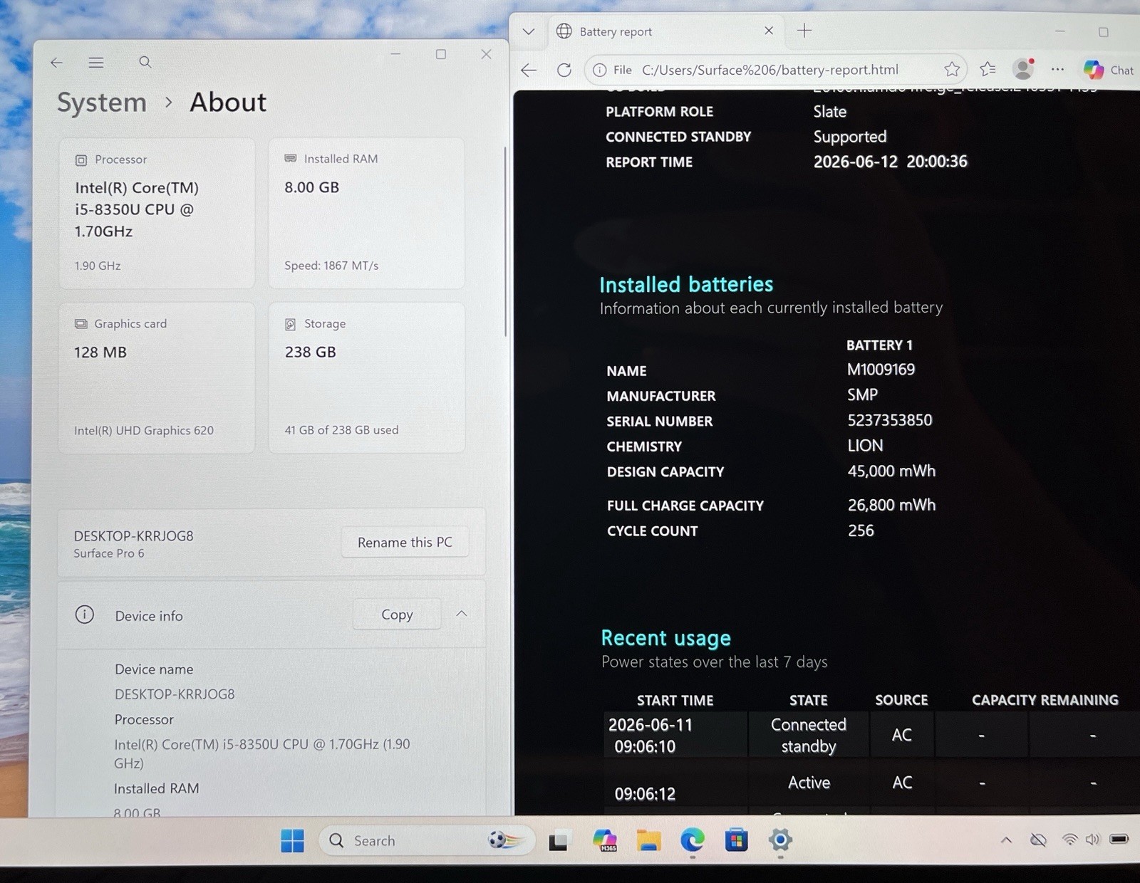 Microsoft Surface Pro 6 i5-8350U @ 1.70GHz 8GB 256GB SSD Touch screen W-11 P