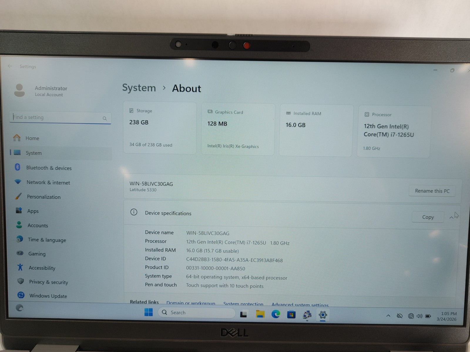 Dell Latitude 5330 Core i7-1265U 1.80 GHz 16 GB DDR4 256 GB NVMe Windows 11 Pro