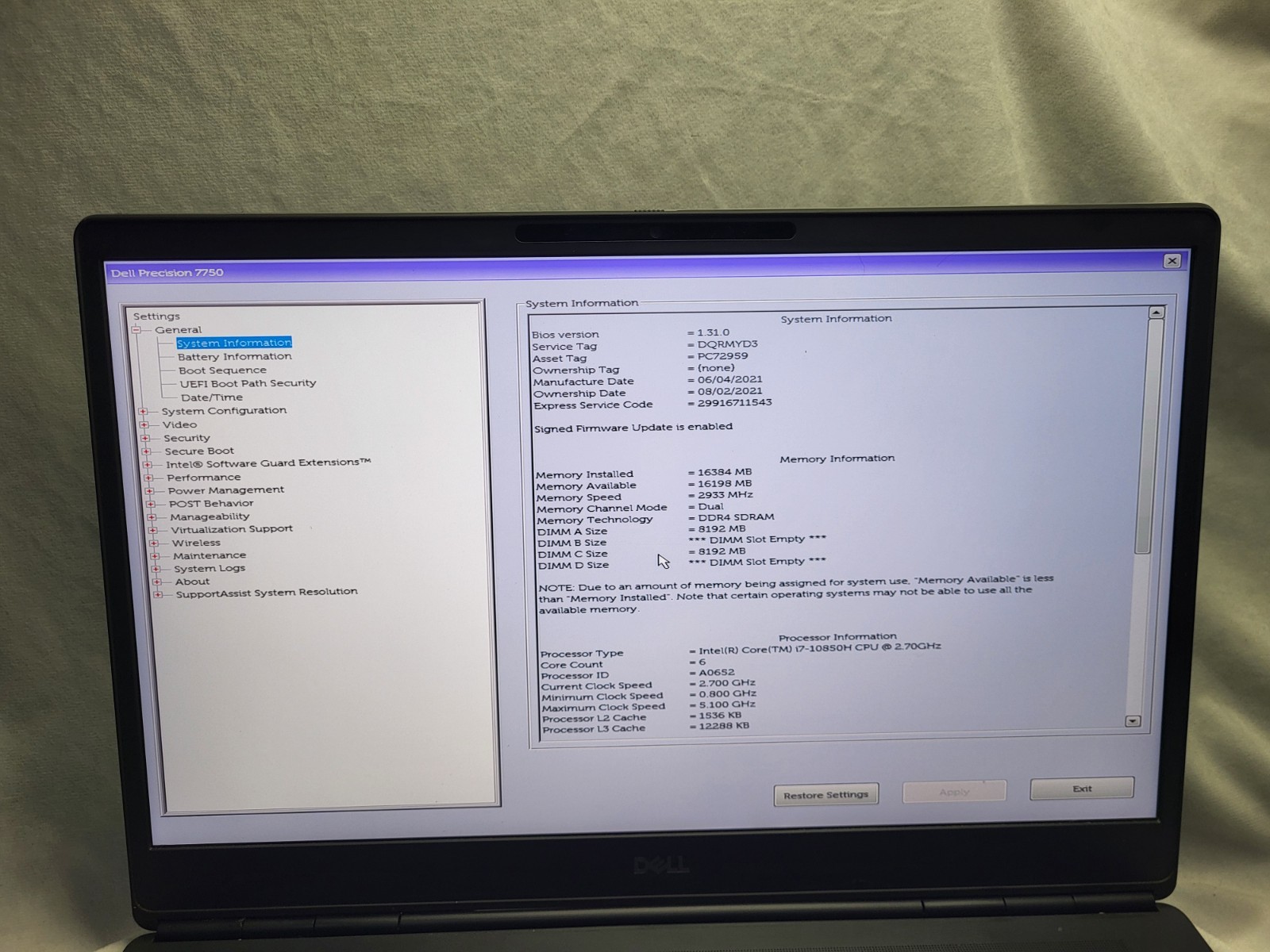 Dell Precision 7750 i7 10850H 2.70GHz 16GB 256 SSD Quadro RTX 5000 w/Win 11