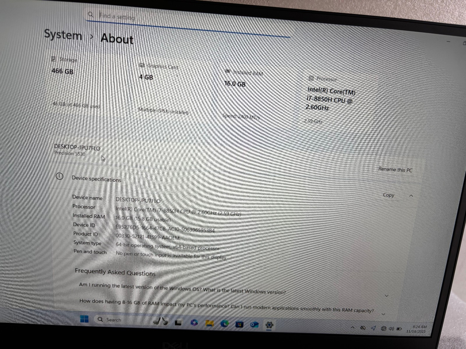 DELL PRECISION 5530 i7-8850H 2.60 GHZ RAM 16GB SSD 500GB BLUETOOTH NVIDIA P1000