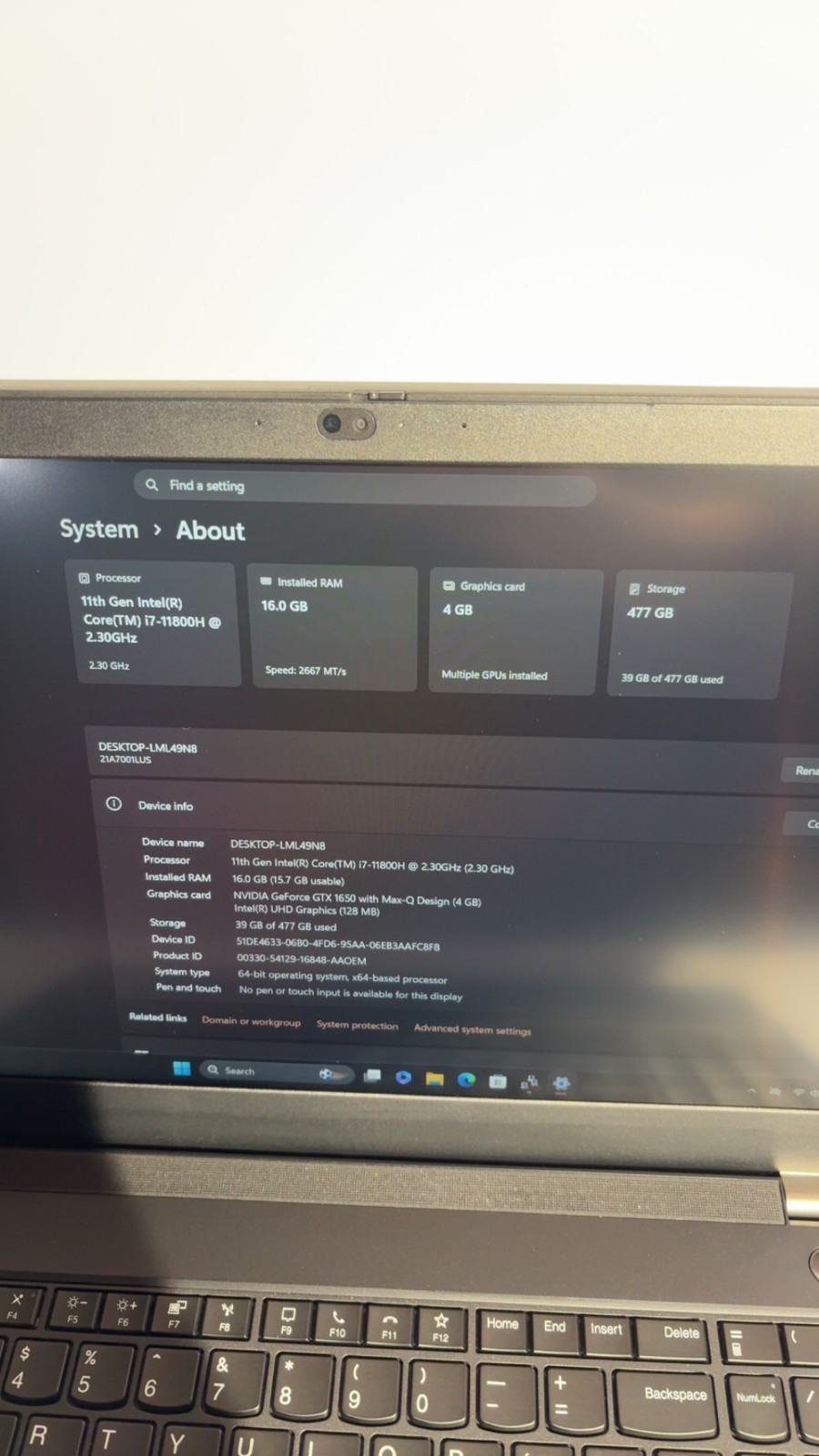 Lenovo ThinkPad T15p Gen 2 15.6″ i7-11800H 16GB 512GB SSD NVIDIA GTX 1650