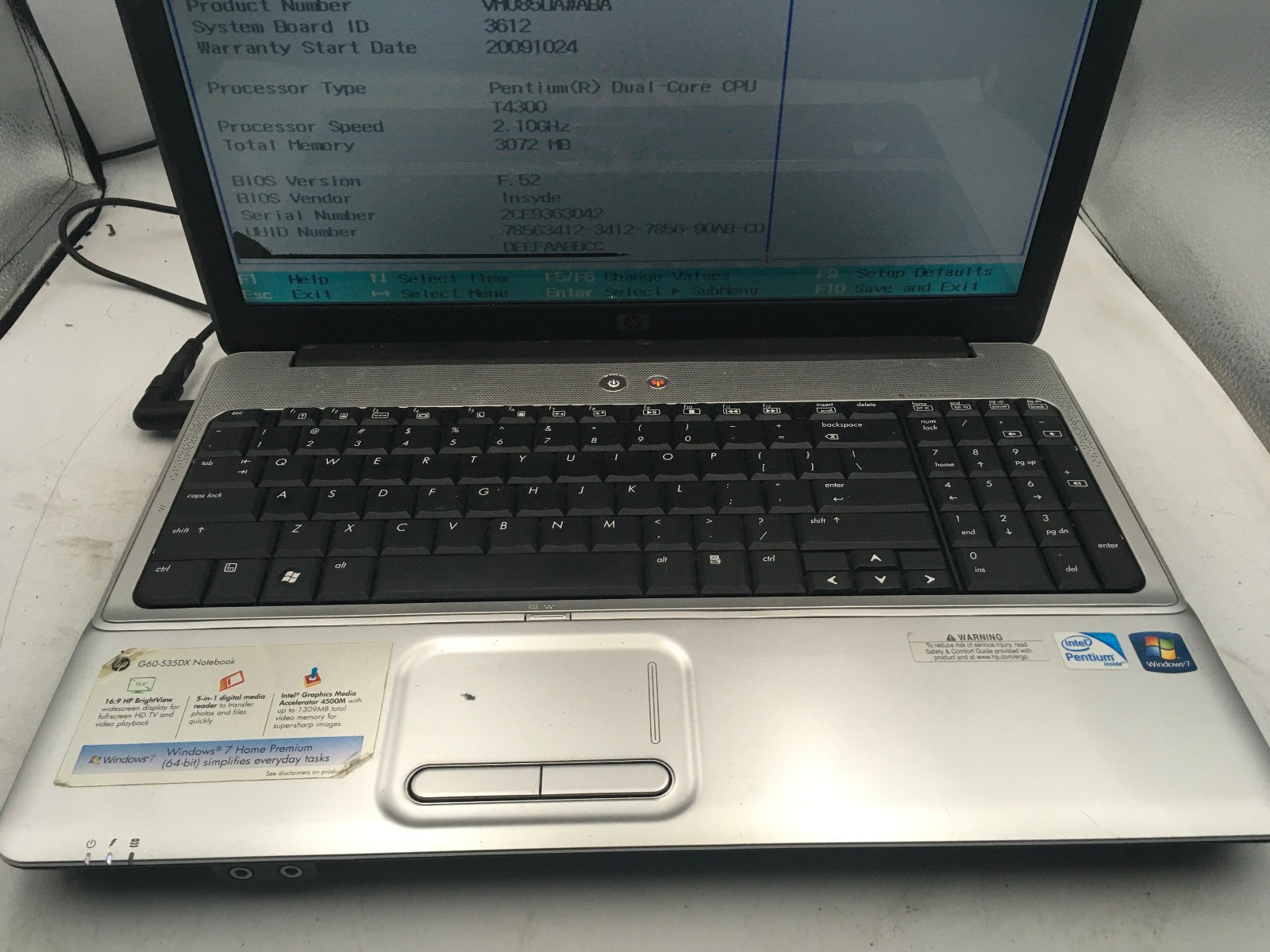 HP G60 NOTEBOOK – BOOTS TO BIOS – INTEL PENTIUM DUAL CORE – 3GB RAM – READ – BB