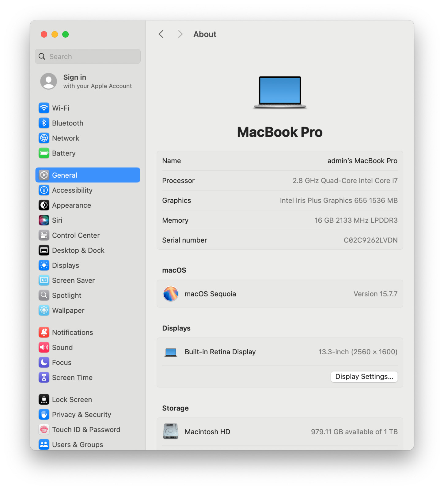 Apple MacBook Pro A1989 13″ Intel Iris 655 2.8GHz Intel Core i7-8569U 16GB 1TB