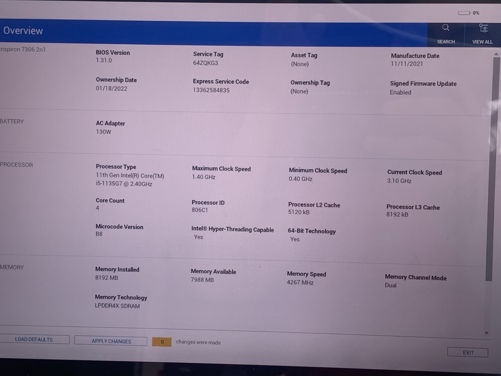 DELL INSPIRON 7306 2N1 I5-1135G7@ 2.40GHz 8GB RAM TOUCH NO OS/SSD WAC *READ