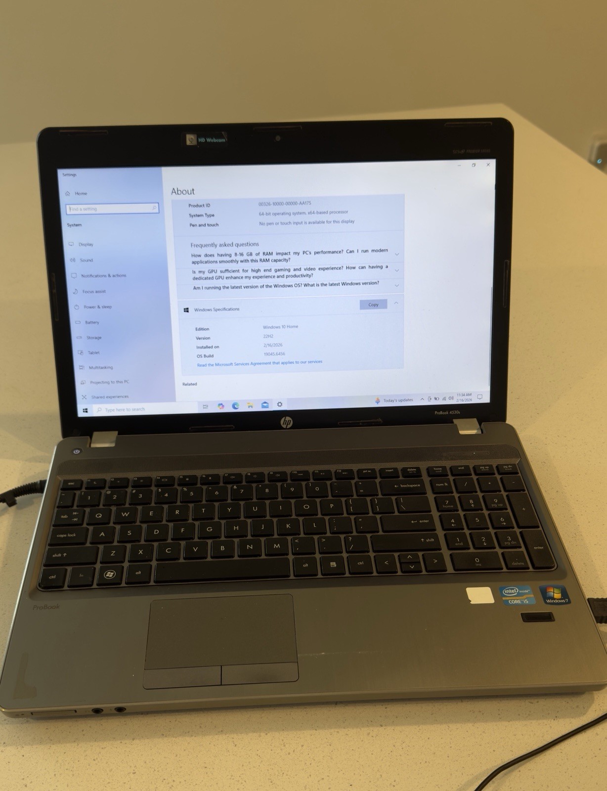 HP ProBook 4530s 15.6″ Intel Core i5-2410M Windows 10 Home Silver Webcam Wi-Fi