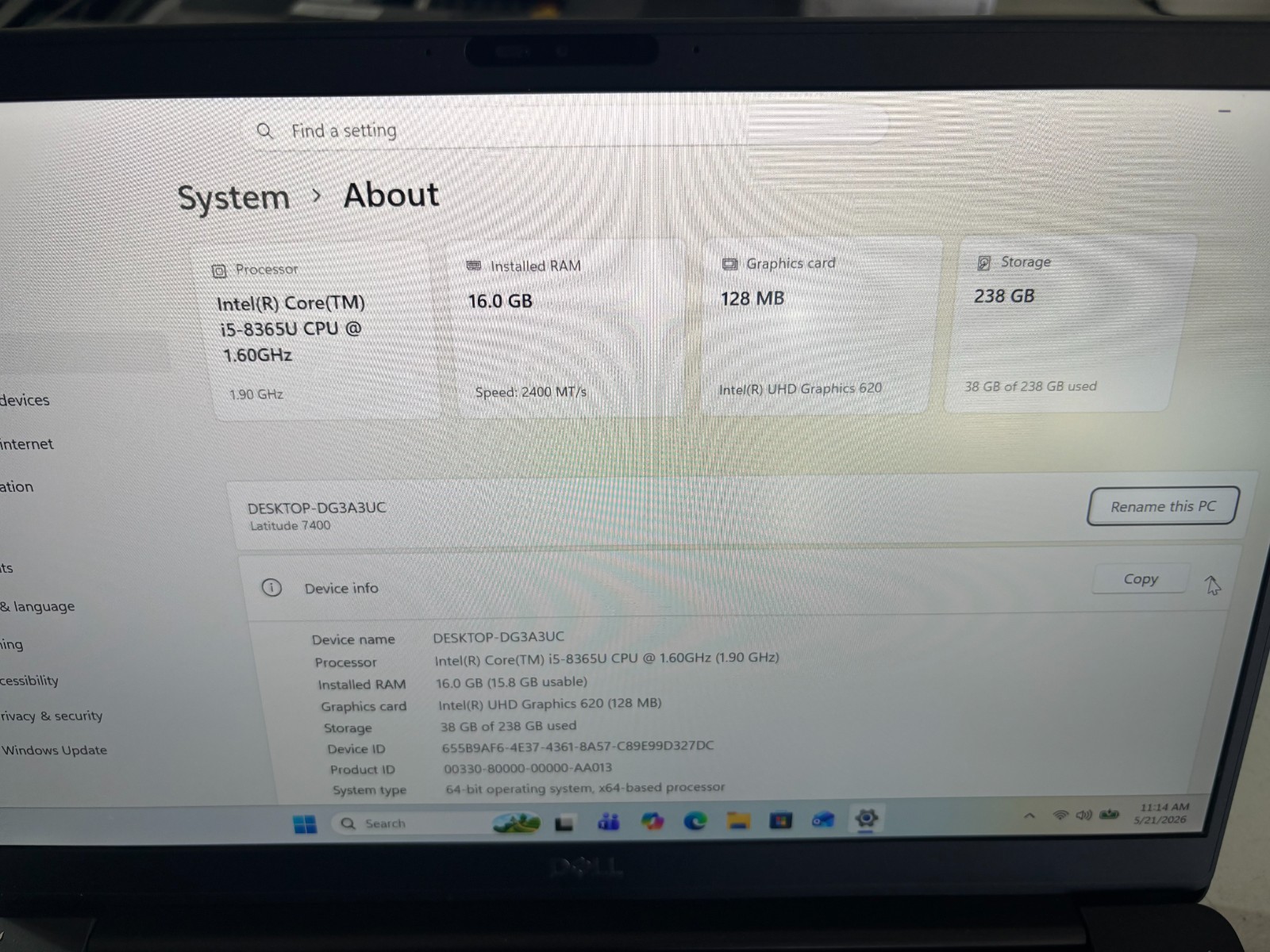 Dell Latitude 7400 14” Laptop Core i5-8th Gen 16GB RAM 256GB NVMe SSD Win 11 PRO