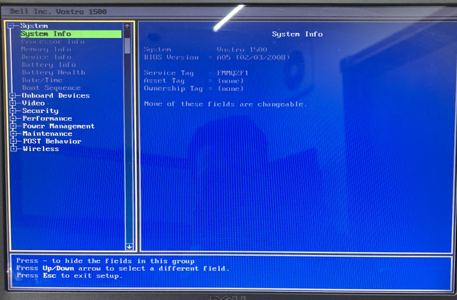 Dell Vostro 1500 Intel Core 2 Duo 1.40 GHz 2 GB no HDD Boot to BIOS
