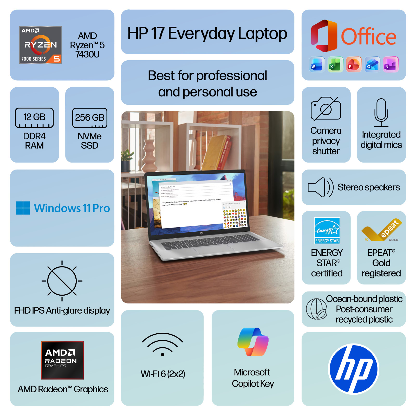 HP 17.3″ FHD Laptop Computer Ryzen 5 Upto 4.3GHz, 12GB RAM 256GB SSD, Win 1 1Pro