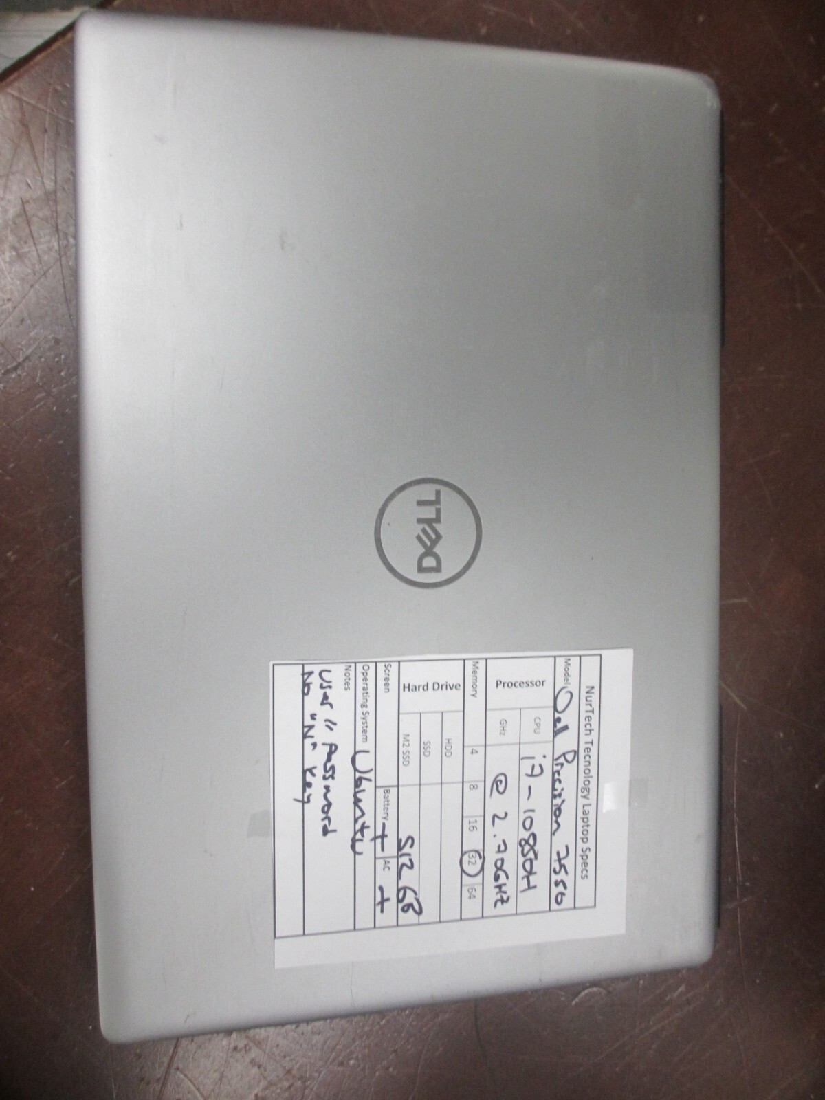 DELL PRECISION 7550 i7-10850H 2.70Ghz 32GB 512GB M2 SSD Ubuntu Laptop w/ AC ##@@