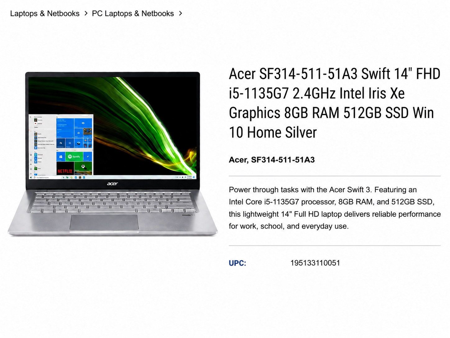 Acer SF314-511-51A3 Swift 14″ FHD i5-1135G7 2.4GHz Intel Iris Xe Graphics 8GB