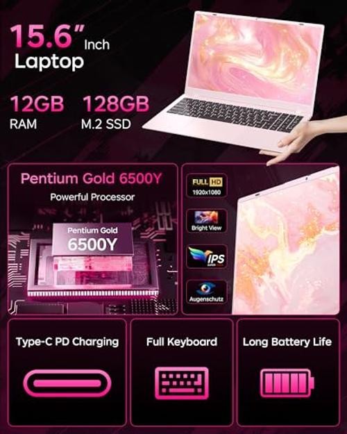 Pink Laptop 12GB RAM, 15.6 Inch FHD Laptops with Pentium Gold (Beats Pentium,