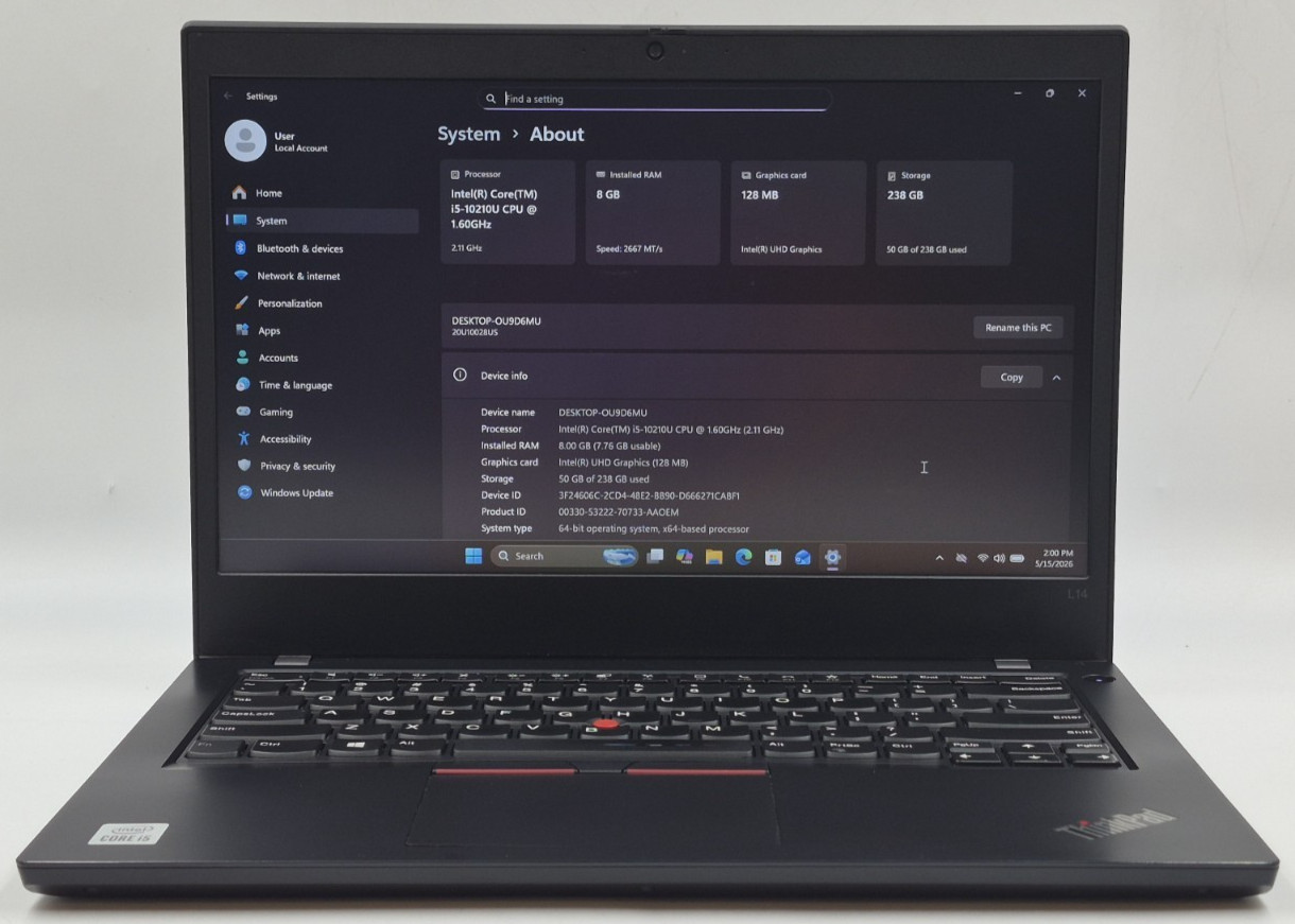 Lenovo ThinkPad L14 Laptop i5-10210U 1.60GHz 8GB RAM 256GB NVMe SSD Win 11 Pro