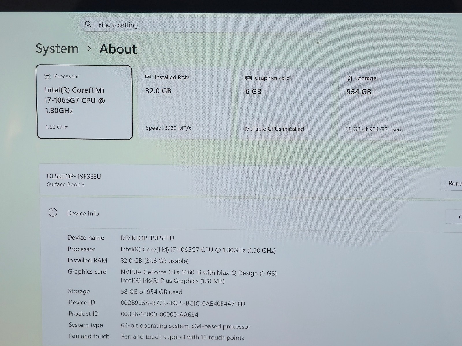 Surface Book 3 15″ (1899) i7-1065G7 32GB RAM 1TB SSD GTX 1660 GPU 6GB GDDR6