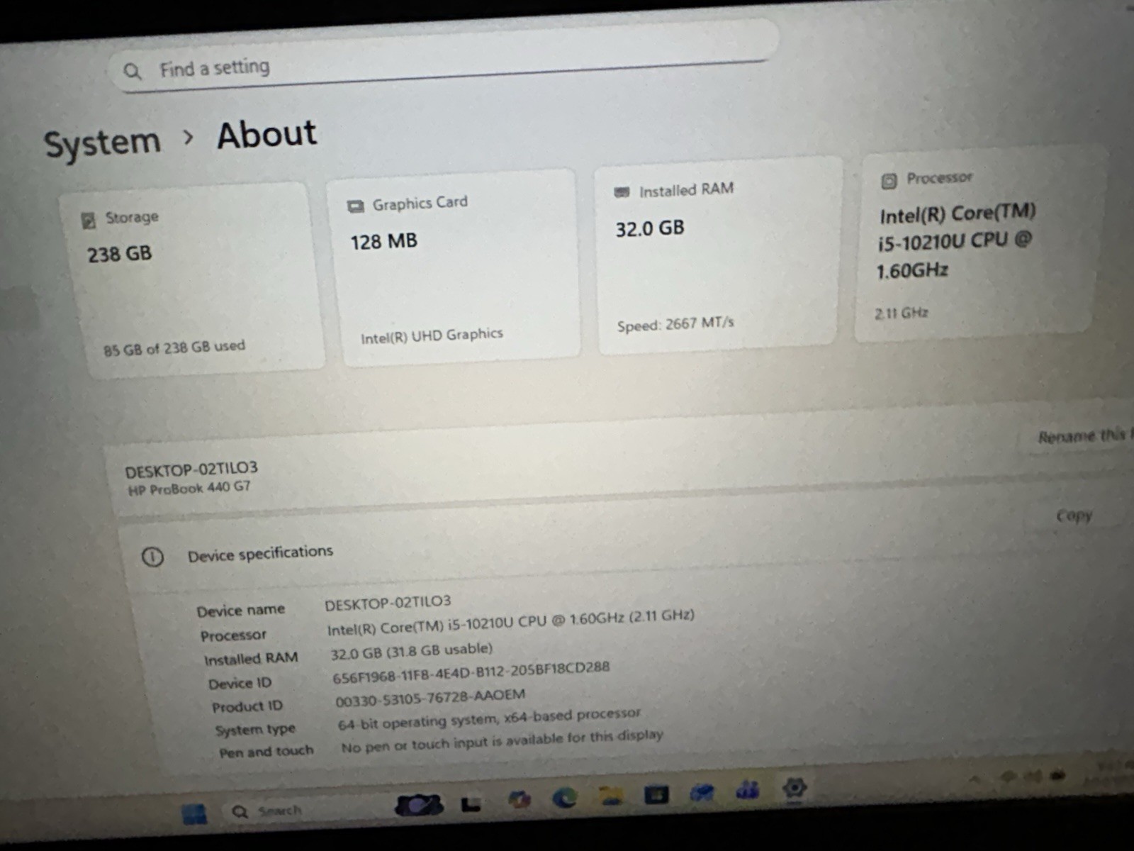 HP ProBook 440 G7 i5-10210U 32GB RAM 238GB SSD 14″ Silver Windows 11 Pro Laptop