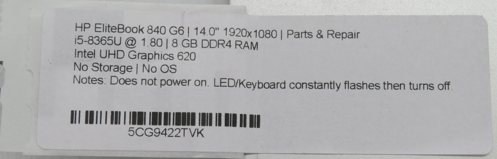 HP EliteBook 840 G6 i5-8365U @ 1.6 GHz 8GB RAM No SSD *PARTS
