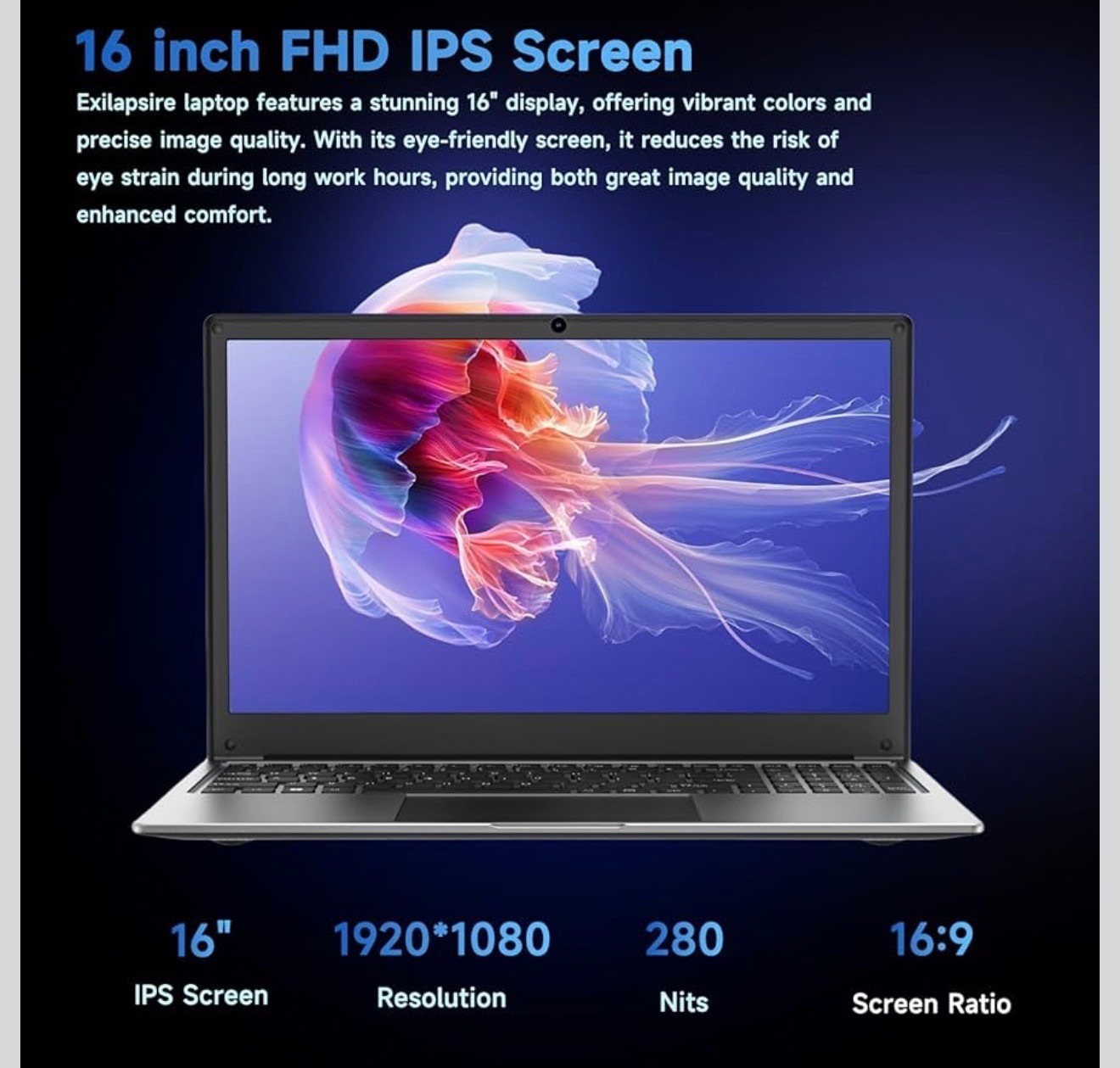 16-inch Laptop Computer with Win11, 8GB RAM 256GB SSD Expandable 1TB/Dark Gray