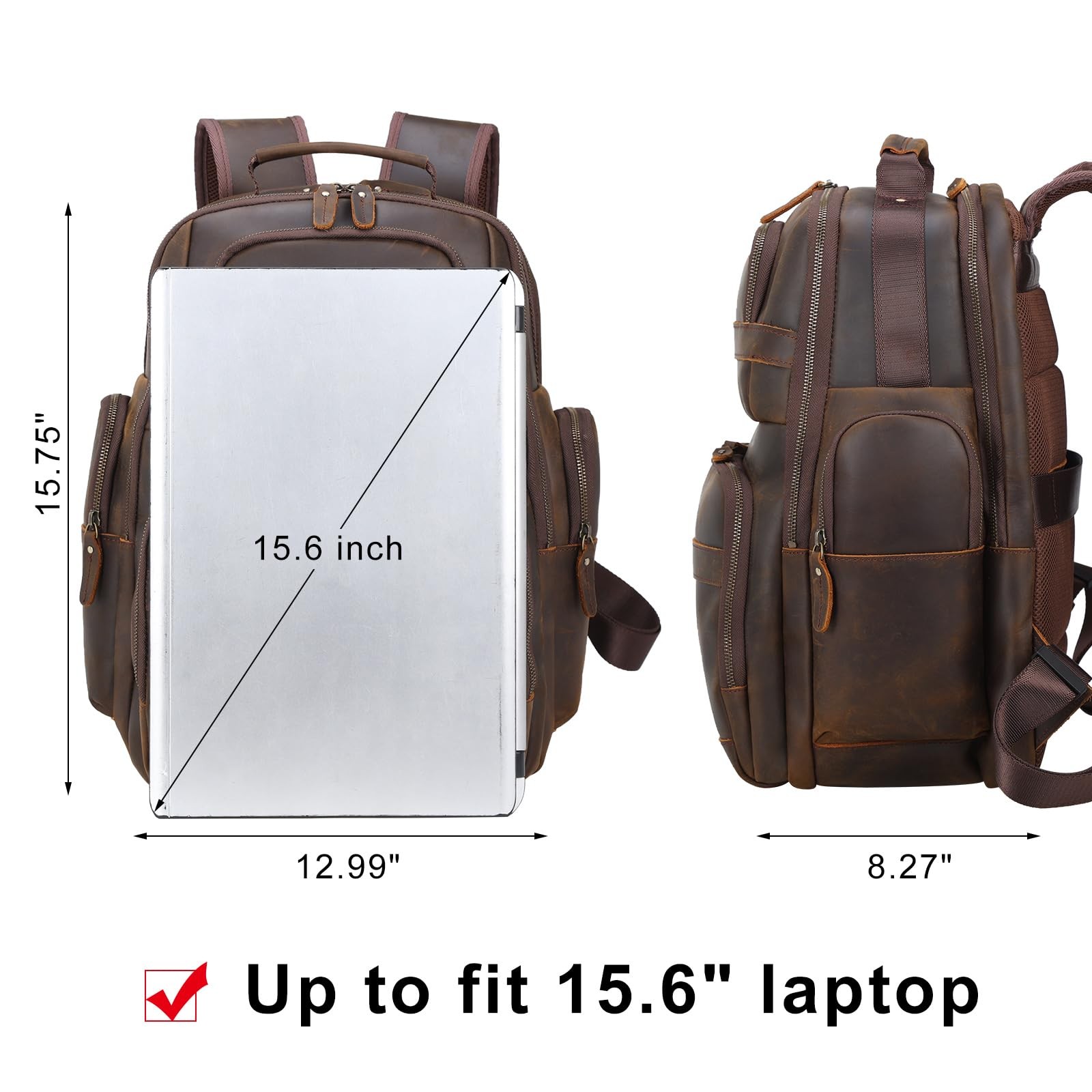 TIDING Full Grain Leather Backpack Men Laptop Bag 15.6″ Business Travel Hiking